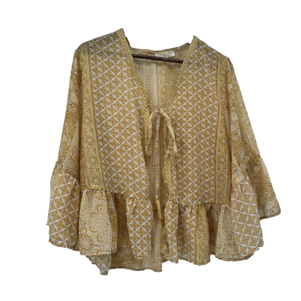Rebellion Again Yellow Kimono Cardigan Boho Festival Bell Sleeve Tassel Boho L